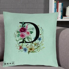 Cadou Personalizat - Perna Personalizata Monogram Litera D cu Flori Acuarela, 40x40 cm, Verde Menta, Husa Detasabila, Perna Inclusa, BEKZ®