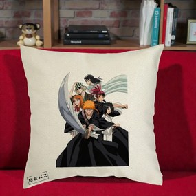 Perna Personalizata Bleach Grup Complet Ichigo si Prietenii, 40x40 cm, Ecru, Husa Detasabila, Perna Inclusa, BEKZ®