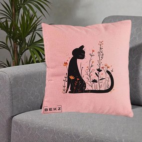 Perna Decorativa Pisica Neagra Flori Portocalii Silueta, 40x40 cm, Roz, Husa Detasabila, Perna Inclusa, BEKZ®