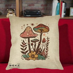 Perna Decorativa Ciuperci Boho Multicolore, 40x40 cm, Crem, Husa Detasabila, Perna Inclusa, BEKZ®