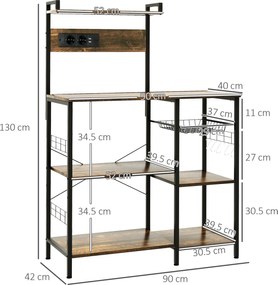 HOMCOM Raft de Bucatarie cu Prize Mutiple, Dulap Bucatarie pentru Microunde cu Rafturi si Cos din Sarma Stil Industrial, 90x42x130cm, Maro