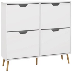 HOMCOM, Dulap pantofi, 4 clapete, 16 perechi, cu raft reglabil, picioare din lemn de pin, 95 x 26 x 95 cm, alb | Aosom Romania