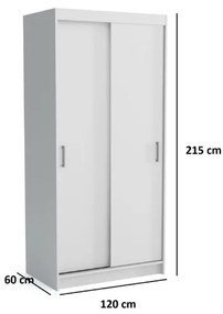 Dulap cu 2 usi glisante, 6 rafturi si bara pentru umerase, alb, 120x215x60 cm, Bortis Impex