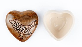 Cutiuta bijuterii din ceramica, inima maro, detaliu pasare