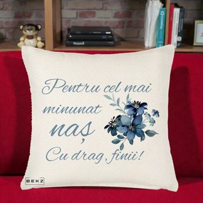 Cadou pentru Nas - Perna Personalizata Pentru Cel mai Minunat Nas Cu drag Finii, 40x40 cm, Crem Reliefat, Husa Detasabila, Perna Inclusa, BEKZ®