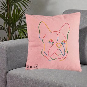 Perna Decorativa Bulldog Francez Line Art Curcubeu, 40x40 cm, Roz, Husa Detasabila, Perna Inclusa, BEKZ®
