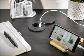 Priza incorporabila in blat Charger Plus GTV, incarcator wireless 5W, 1 priza Schuko, USB A + C, HDMI, RJ45, alb, D:80 mm Aluminiu, Alb, D:80
