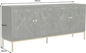 Comoda PEACOCK 175cm lemn de mango verde sculptat 3D cu design paun