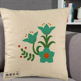Perna Decorativa Flori Stilizate Folk Turcoaz, 40x40 cm, Bej, Husa Detasabila, Perna Inclusa, BEKZ®