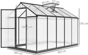 Outsunny Seră de grădină din aluminiu și policarbonat, cu ferestre superioare reglabile 303x183x195cm transparent | Aosom Romania