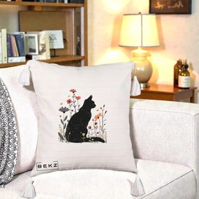 Perna Decorativa Pisica Neagra Profil Flori Portocalii, 40x40 cm, Bej cu Franjuri, Husa Detasabila, Perna Inclusa, BEKZ®