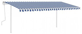 Copertină retractabilă manual, cu stâlpi, albastru & alb, 5x3 m