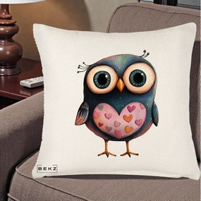Perna Decorativa Bufnita cu Inimioare Roz, 40x40 cm, Crem Reliefat, Husa Detasabila, Perna Inclusa, BEKZ®