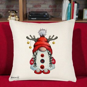 Perna Decorativa Pitic Gnom Craciun cu Coarne de Ren, 40x40 cm, Crem Reliefat, Husa Detasabila, Perna Inclusa, BEKZ®