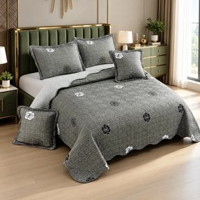 Cuvertură de pat bumbac, 5 piese, model trandafiri gri antracit, 230x250 cm, CB557