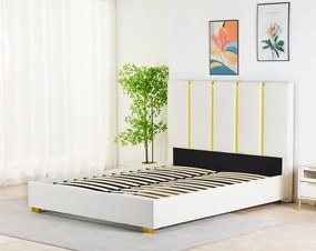 Pat Tapitat Catifea Alb 160x200 cm cu Somiera si Saltea Inclusa , Cod LB-214