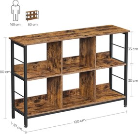 Biblioteca, raft cu 6 unitati de depozitare, din lemn, 33x120x80 cm, maro rustic