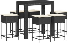 vidaXL Set bar de grădină, 7 piese, cu perne, negru, poliratan