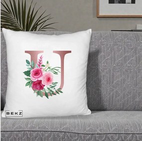 Cadou Personalizat - Perna Personalizata Monograma Rose Gold Litera U, 40x40 cm, Alb Pufos, Husa Detasabila, Perna Inclusa, BEKZ®