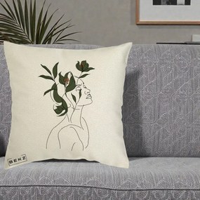 Perna Decorativa Portret Feminin Crin Verde, 40x40 cm, Ecru, Husa Detasabila, Perna Inclusa, BEKZ®