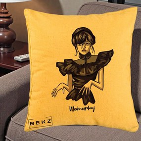 Perna Personalizata Wednesday Addams Dans Gotic, 40x40 cm, Galben, Husa Detasabila, Perna Inclusa, BEKZ®