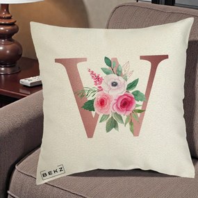 Cadou Personalizat - Perna Personalizata Monograma Rose Gold Litera W cu Trandafiri si Anemona, 40x40 cm, Ecru, Husa Detasabila, Perna Inclusa, BEKZ®