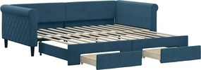 vidaXL Pat de zi cu extensie și sertare, albastru, 100x200 cm, catifea