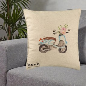Perna Decorativa Scuter Albastru cu Flori Acuarela, 40x40 cm, Bej, Husa Detasabila, Perna Inclusa, BEKZ®