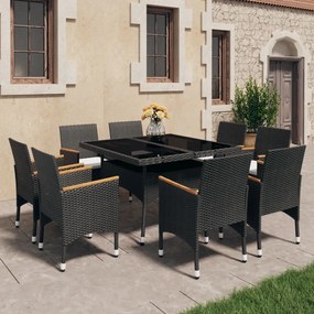 3058344 vidaXL Set mobilier grădină, 9 piese, negru, poliratan și lemn acacia