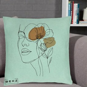 Perna Decorativa Portret Feminin Mac Profilat, 40x40 cm, Verde Menta, Husa Detasabila, Perna Inclusa, BEKZ®