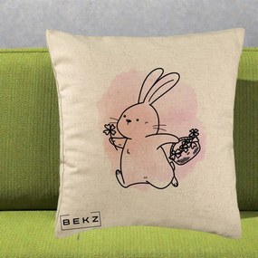 Perna Decorativa Iepuras Kawaii cu Cosulet Floral, 40x40 cm, Bej, Husa Detasabila, Perna Inclusa, BEKZ®