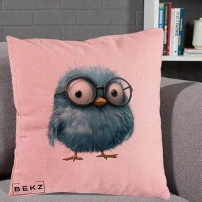 Perna Decorativa Pui Pufos Teal cu Ochelari, 40x40 cm, Roz, Husa Detasabila, Perna Inclusa, BEKZ®