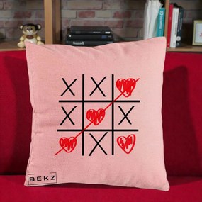 Cadou Romantic - Perna Personalizata Love Joc X si Inima cu Castigator Iubire, 40x40 cm, Roz, Husa Detasabila, Perna Inclusa, BEKZ®