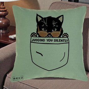 Perna Decorativa Judging You Silently Pisica Buzunar, 40x40 cm, Verde, Husa Detasabila, Perna Inclusa, BEKZ®