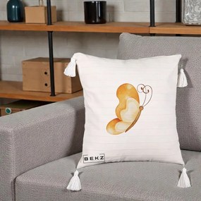 Perna Decorativa Fluture Acuarela Auriu, 40x40 cm, Bej cu Franjuri, Husa Detasabila, Perna Inclusa, BEKZ®