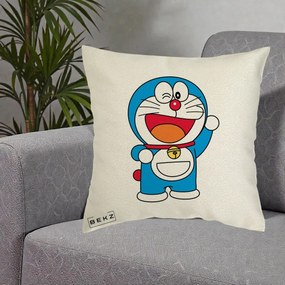 Perna Personalizata Doraemon Salutand, 40x40 cm, Ecru, Husa Detasabila, Perna Inclusa, BEKZ®