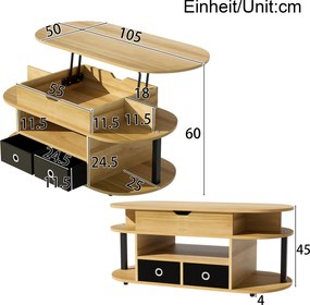 Masă de cafea cu mecanism de ridicare, spațiu de depozitare și sertare textile negre, 105x50x45 cm, Culoare naturală