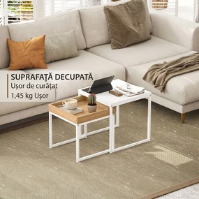 HOMCOM Set de Măsuțe de Cafea Impilabile Moderne cu Tavă, 45x45x45 cm, Alb și Stejar | Aosom Romania