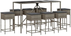 vidaXL Set mobilier bar de grădină, cu perne, 9 piese, gri, poliratan