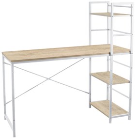 Birou calculator, Jumi, pal melaminat, otel, 3 rafturi, natur si alb, 120x52x120 cm