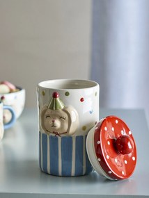 Borcan cu capac din ceramică artizanală, multicolor, pictat manual cu iepuraș, 10,5x17,5 cm, 720 ml, „Party"