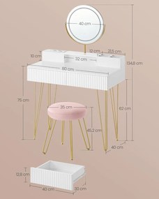 Masuta machiaj alba cu Oglinda LED si 2 Sertare pentru Cosmetice, Set Masa toaleta 80 cm sau 100 cm, masuta cosmetica cu Riflaj, vanity - SEA801