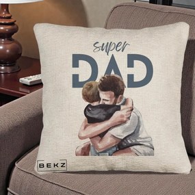 Cadou pentru Tata - Perna Personalizata Super Dad Tata si Fiu Imbratisare, 40x40 cm, Bej Canapea, Husa Detasabila, Perna Inclusa, BEKZ®