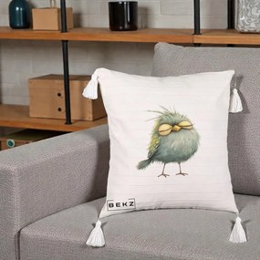 Perna Decorativa Pasare Teal Adormita cu Ochi Galbeni, 40x40 cm, Bej cu Franjuri, Husa Detasabila, Perna Inclusa, BEKZ®