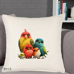 Perna Decorativa Familie de Pasarele Colorate, 40x40 cm, Crem Reliefat, Husa Detasabila, Perna Inclusa, BEKZ®