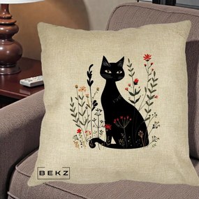 Perna Decorativa Pisica Neagra Botanica Rosu-Gri, 40x40 cm, Crem, Husa Detasabila, Perna Inclusa, BEKZ®