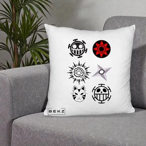 Perna Personalizata Simboluri Anime Mix - Naruto One Piece, 40x40 cm, Alb Pufos, Husa Detasabila, Perna Inclusa, BEKZ®