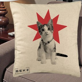 Perna Decorativa Pisica Star Pop Art, 40x40 cm, Bej, Husa Detasabila, Perna Inclusa, BEKZ®