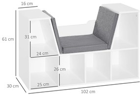 HOMCOM Bibliotecă Bancă 2 în 1 Design Contemporan 6 compartimente 3 Perne incluse 102L x 30l x 61H cm Alb Gri chinuit | Aosom Romania