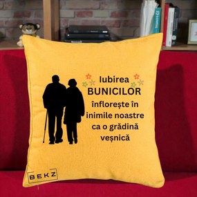 Cadou pentru Bunici - Perna Personalizata Bunicii Iubirea Infloreste Silueta Neagra Flori, 40x40 cm, Galben, Husa Detasabila, Perna Inclusa, BEKZ®